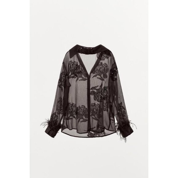 ZARA SEMI-SHEER SEQUIN FEATHER BLOUSE - Picture 7 of 8